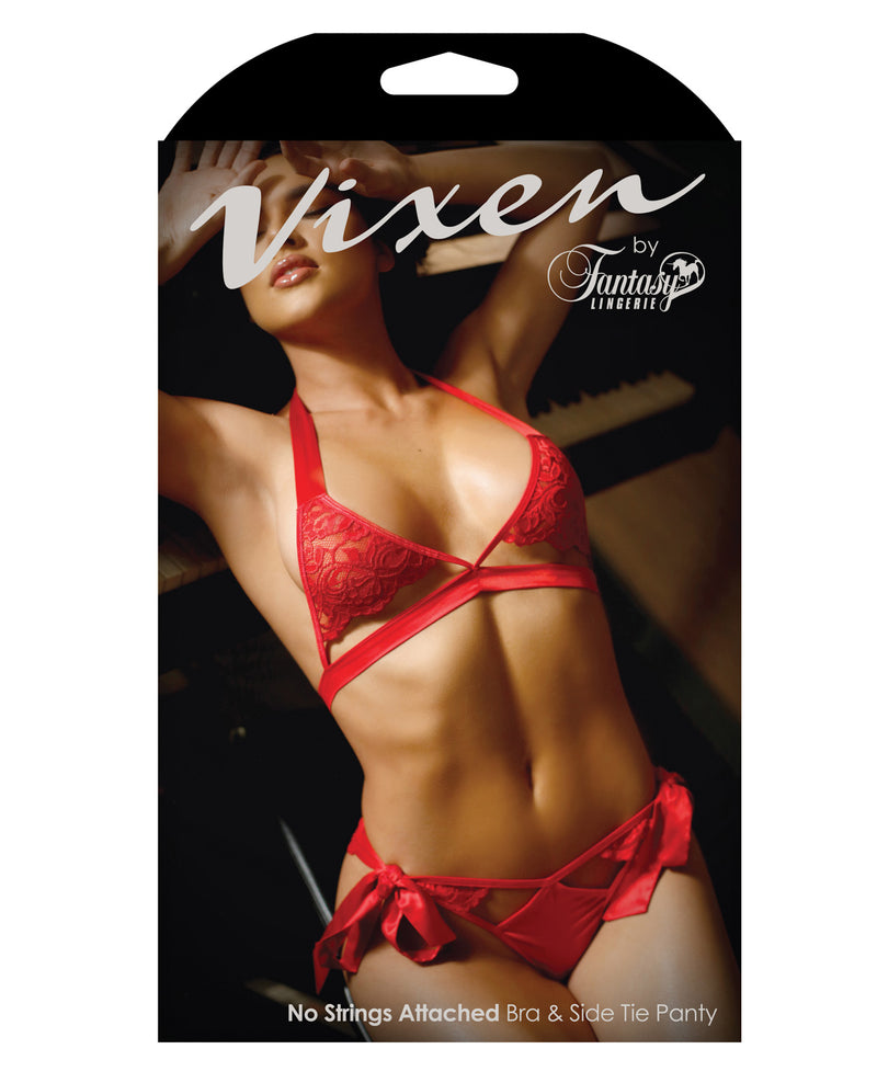 Vixen Cutout Lace Bra & Side Tie Panty Red L/XL