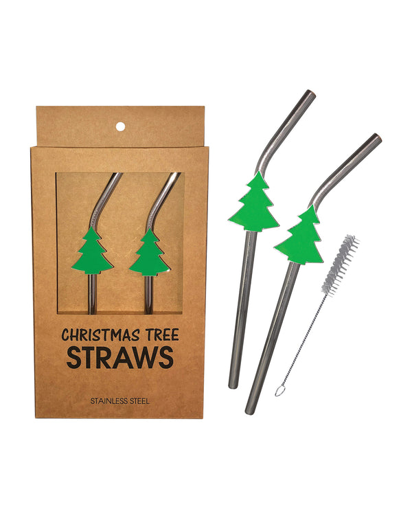 Holiday Tree Reusable Stainless Steel (Dishwasher Safe) Straws - Pack of 2