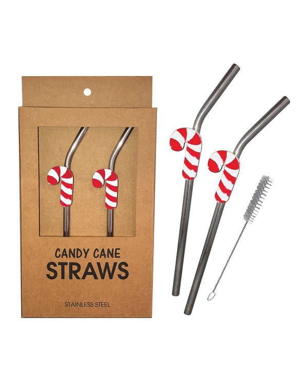 Holiday Candy Cane Reusable Stainless Steel (Dishwasher Safe) Straws - Pack of 2