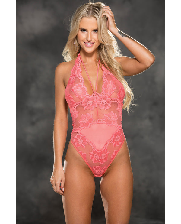 Floral Stretch Lace & Mesh Teddy Coral SM