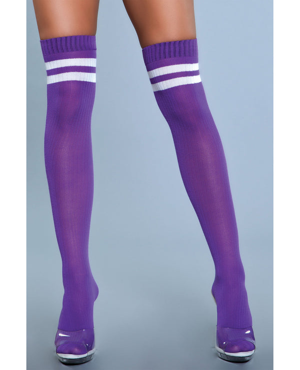 Ribbed Athletic Thigh Highs Purple O/S