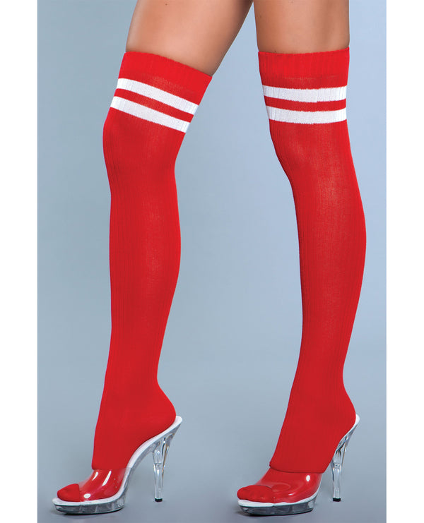 Ribbed Athletic Thigh Highs Red O/S