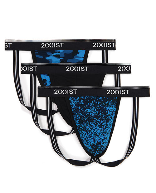 2XIST 3 pk Stretch Fashion Jock Strap Blue Dot, Black & Blue Camo LG